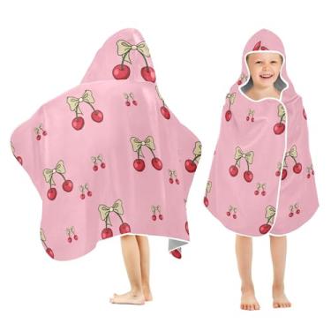 Imagem de Burbuja Cerejas amarradas com laços toalha de banho com capuz para crianças, toalha de praia de pelúcia macia absorvente para chá de meninas e meninos 3-10 anos, 61 x 127 cm