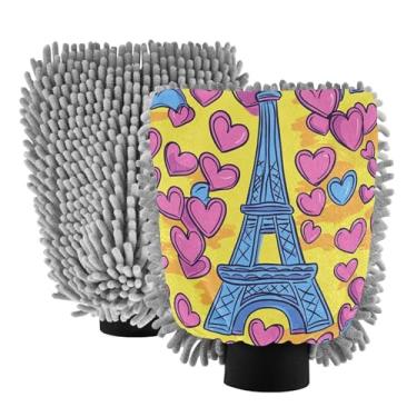 Imagem de STAYTOP Luvas de lavagem de carro Torre Eiffel com corações 2 peças, luvas de microfibra de chenille sem arranhões, panos de esponja de lavagem ultra absorventes para carros, limpeza doméstica - G