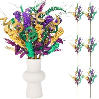 Imagem de Booson 6 peças de decoração de mesa de carnaval para baile de máscaras, flores de 48 cm, decoração de ramo de carnaval e verde, roxo, dourado, palitos e sprays para decoração de festa e árvore de