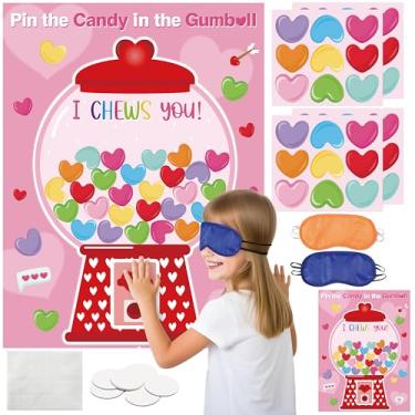 Imagem de B1ykin Jogo de festa do dia dos namorados para crianças - Pin the Candy on the Gumball Machine com 36 adesivos de coração, pôster de jogos I Chews You para atividades de festa dos namorados