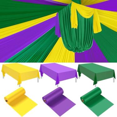 Imagem de Blulu Toalha de mesa de 3 rolos de carnaval 100 x 30 metros, toalha de mesa descartável roxa verde amarela à prova d'água para baile de máscaras de carnaval