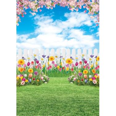 Imagem de Pano de fundo para primavera, Páscoa, primavera, natureza, cenário fotográfico, gramado, flores rosa, para crianças, chá de bebê, decoração de festa de aniversário (150 x 210 cm)