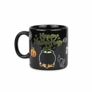 Imagem de Caneca Termossensível Halloween, Porcelana Preta, 360ml, Design Mágico com Abóboras e Fantasmas, Altura 9cm, Compatível com Micro-ondas