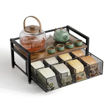 Imagem de Segtenant Organizador de saquinhos de chá, suporte para saquinhos de chá com gaveta, organizadores de chá de madeira e metal e baú de armazenamento para cozinha de bancada, escritório, marrom rústico