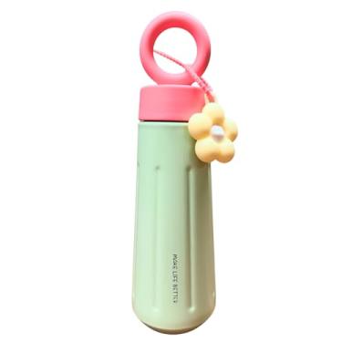 Imagem de Garrafa Térmica de Aço Inox com Alça, Verde Menta e Rosa, 450ml, Conservação 6h Quente ou 12h Gelado, com Pingente de Flor (Verde Claro)