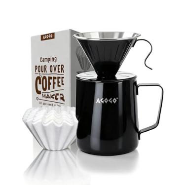 Imagem de AGOGO Conjunto de cafeteira portátil V60 – Gotejador compacto de aço inoxidável 304 de fácil limpeza para acampamento e 50 filtros, papel e pano de limpeza, preto, 850 g