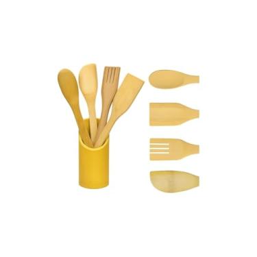 Imagem de Kit Utensílios de Cozinha em Bambu, 5 Peças, Bege, 180g, Inclui Garfo, Colher Redonda, Colher Diagonal, Espátula e Suporte