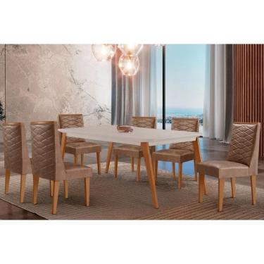 Imagem de Sala Jantar Mesa Havana Tampo c/ Vidro Curvo 180cm+6 Cadeiras Dafne Madeira Naturale/Off White - Capuccino/Corano Capuccino - Rufato