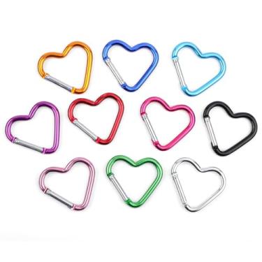 Imagem de 10 peças de mosquetão em forma de coração, liga de alumínio, lindo mosquetão com clipe de pressão, porta-chaves de coração para acampamento, mochila, garrafa de água, chaveiro