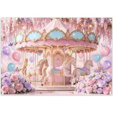 Imagem de ZTHMOE Tecido 2,1 x 1,5 m primavera rosa carrossel fotografia pano de fundo fantasia floral jardim flores princesa borboleta fundo meninas crianças decoração foto banner adereços