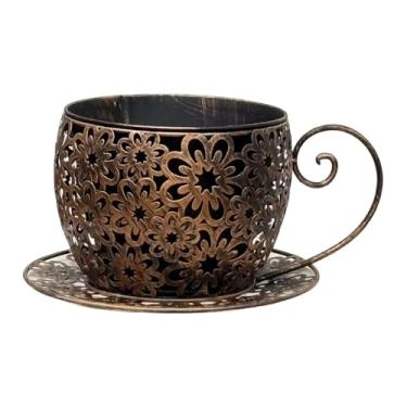 Imagem de predolo Vaso de metal em formato de xícara de café, ideal para plantas e flores, perfeito para cafés e jardins, Bronze