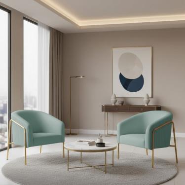 Imagem de Poltrona Sala Decorativa Kit 2 Stella Base Alta Tubo Dourado Veludo Cotelê Menta D03 - D'rossi