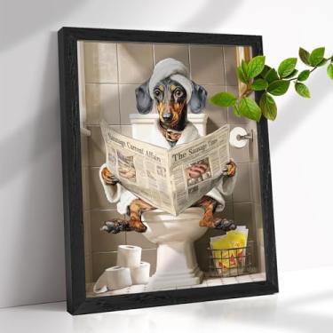 Imagem de Dachshund emoldurado decoração de parede de banheiro engraçado cachorro legal no banheiro arte de parede animal humor moderno impressões de arte para decoração de parede de banheiro (emoldurado, 30,5