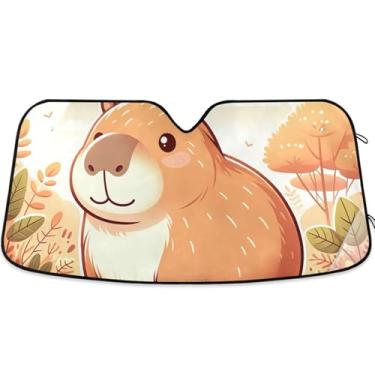 Imagem de Guarda-sol de desenho animado de capivara fofo personalizado para para-brisa de carro bonito universal dobrável para-brisa automotivo guarda-sol animal floral L, 144,8 cm x 80 cm