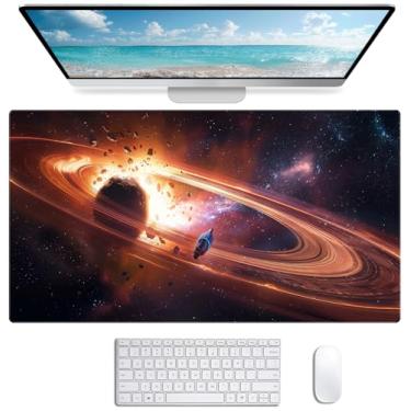 Imagem de Teclado de computador personalizado com nebulosa galáxia céu estrelado almofada de mesa de escritório, mesa completa planeta espaço fofo mouse pad estendido 35,4 x 15,7 polegadas