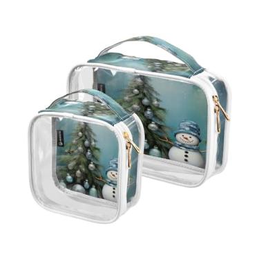 Imagem de GAIGEO Bolsa transparente de viagem para vacas, bolsa transparente para artigos de higiene pessoal, bolsas de acessórios de viagem, pacote com 2, Árvores de Natal em azul e verde com boneco de neve-1