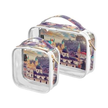 Imagem de GAIGEO Bolsa de higiene pessoal vintage mistério bege com zíper duplo, bolsa para cosméticos, bolsa de cosméticos de viagem para mulheres, pacote com 2, Salzburgo, Áustria, Europa, Cidade, one size