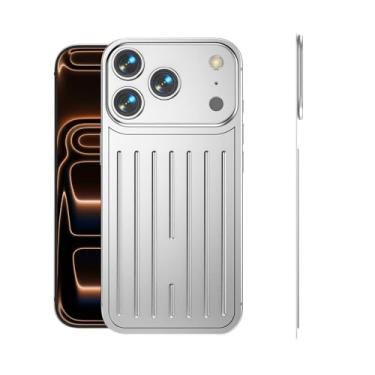 Imagem de Maustron Capa de liga de alumínio para iPhone 17 Pro Max, textura de bagagem, capa traseira fina com adesivo dupla face, proteção à prova de choque (prata)