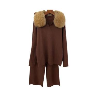 Imagem de Conjunto De Suéter De Tricô Feminino Primavera Outono Com Gola De Pele