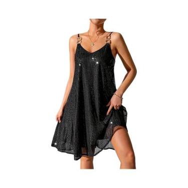 Imagem de Vestido Mini Preto Com Lantejoulas Para Mulheres Alças Finas Sem Manga