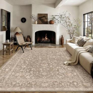 Imagem de PureCozy Tapete de área marrom escuro 20 x 25 cm, antiderrapante, grande, vintage, para sala de estar, desgastado, lavável à máquina, tradicional, interior, quarto, retrô, floral, para escritório