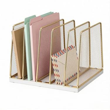 Imagem de LEKETREE Organizador de arquivos de mesa dourado, classificador de arquivos vertical de 5 seções, suporte de pasta de arquivo vertical, organização de mesa de escritório de madeira de malha para