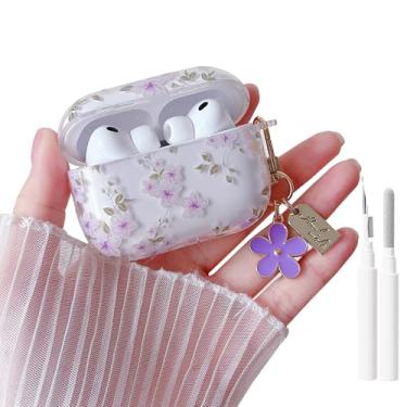 Imagem de MINSCOSE Capa para AirPods Pro 3ª geração (2025), linda estampa floral de folhas de plantas com chaveiro feminino, capa protetora de TPU macio à prova de choque com kit de limpeza para Airpods Pro 3