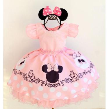 Imagem de Vestido De Festa Infantil Minnie Rosa E Preto  Luxo E Tiara - Pingo De
