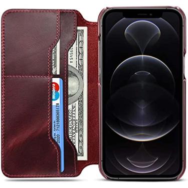 Imagem de VEVEL Capa flip para Apple iPhone 14 Plus (2022) 6,7 polegadas, cera de óleo couro de vaca à prova de choque capa carteira coldre [porta-cartão] (cor: vermelho)