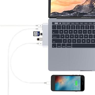 Imagem de PinPle Leitor de cartão USB C Hub duplo tipo C com 2 portas de carregamento USB 3.1 e 2 portas USB 3.0, slot para cartão SD e compartimento para cartão micro SD para MacBook Pro 13 polegadas/MacBook Pro 15 polegadas (prata)