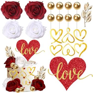 Imagem de Rsstarxi Feliz Dia dos Namorados Decorações de Bolo com Flores de Rosa Artificiais Balão Amor Coração Palheta de Bolo para Casamento, Noivado, Aniversário, Dia dos Namorados, Decoração de Bolo