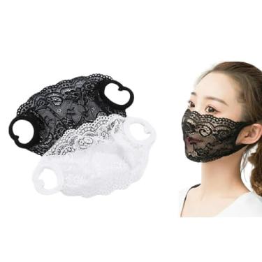 Imagem de DeaHea Pacote Com 2 Máscaras De Renda Camada Única, Protetor Solar, Malha Oca, Proteção Facial, Meia Capa, Viagem Para Mulheres E Meninas (Preto Branco)