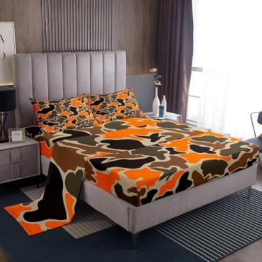Imagem de Feelyou Jogo de lençol solteiro com estampa de caçador de pato e camuflagem laranja, preto e marrom com bolso alto, para meninos e adolescentes, para decoração de quarto