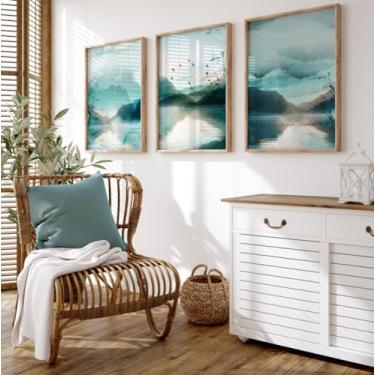 Imagem de 3 peças de impressão de arte em tela, azul-petróleo, aquarela, paisagem, pôster abstrato, azul-petróleo, pintura de paisagem, imagens de parede, arte para quarto, decoração de casa com moldura interna