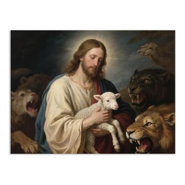 Imagem de Pôster de Jesus Cristão Rei Leão Arte de Parede Religiosa Jesus Cristo Decoração de Parede Espiritual Tela de Cordeiro Leão Imagens de Igreja para Sala de Estar 80 x 60 cm (32 x 24 polegadas) Sem