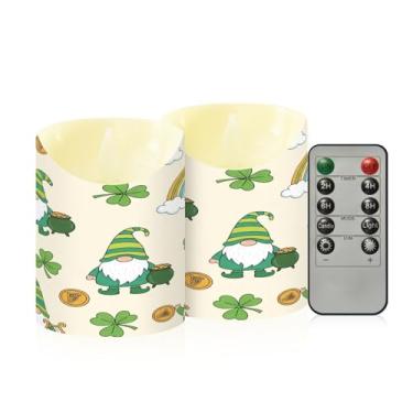 Imagem de Wassud Pacote com 2 velas de gnomo arco-íris sem chama de São Patrício com controle remoto, velas realistas cintilantes com temporizador, velas decorativas para Natal, casamento, festa, decoração de