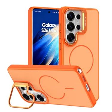 Imagem de POYUFRG Capa magnética para Samsung Galaxy S26 Ultra/S26 Plus/S26, capa antidigitais fosca fina com proteção de lente de metal, capa de suporte, laranja, S26 Ultra