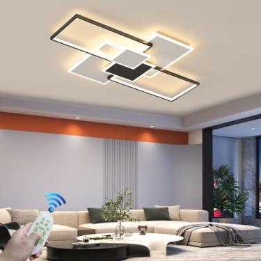 Imagem de Luminária de teto moderna para interiores, com intensidade regulável, para sala de estar, escritório, lustre LED, design geométrico, grande, quadrada, ultrafina, em metal preto (Tamanho)