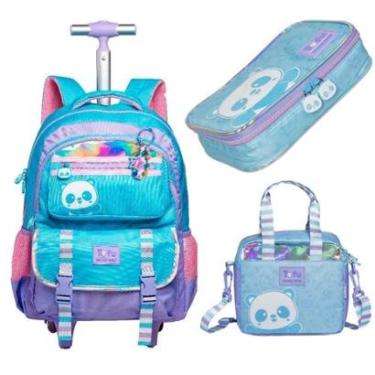 Imagem de Kit Mochila Com Carrinho alça nas costas com Lancheira e Estojo Box Panda-Unissex