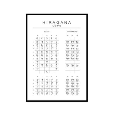 Imagem de Pôster do gráfico do alfabeto japonês Hiragana Katakana preto e branco pintura em tela educação aprender impressões escritório decoração sala de aula (SKU9,20.3x30.5 cm = (20x30cm), moldura preta para