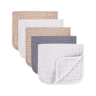 Imagem de 5 peças de pano para arrotar bebê 100% algodão recém-nascido algodão musselina pano para arrotar 25,4 x 50,8 cm (2 branco, 2 cáqui e cinza, 5 peças)