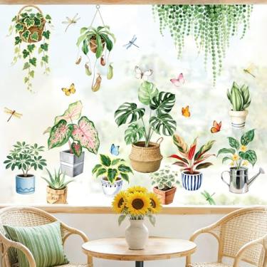 Imagem de Tanlaby Adesivos de janela de plantas verdes penduradas em vaso verde adesivos de janela de pássaros botânicos tropicais adesivos estáticos anticolisão para decoração de portas de vidro de casa