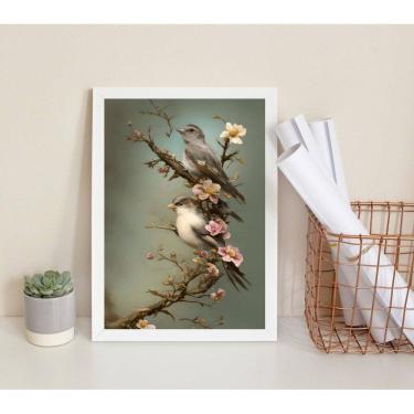 Imagem de Quadro Decorativo Passarinhos Flores Cerejeira 33X24Cm