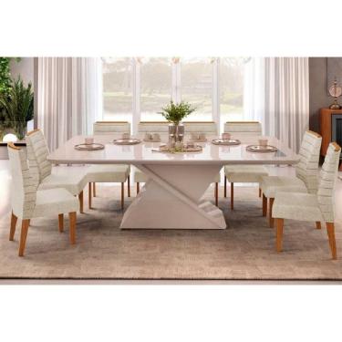Imagem de Conjunto: Mesa Sala Jantar Zafira c/ Tampo Madeirado c/ Vidro Curvo 200x100cm e 8 Cadeiras Ondina Off White - Freijo/Linho Neve - DJ Móveis