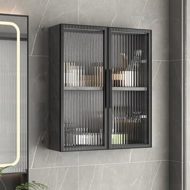 Imagem de Armário de armazenamento de banheiro montado na parede - Armário de medicamentos de madeira maciça com portas de vidro, organizador sobre vaso sanitário para banheiro, quarto e cozinha - Suporte de