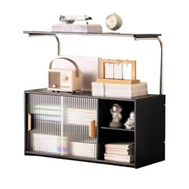 Imagem de CFGH6FDF Estante preta de bambu de várias camadas, com suporte de armazenamento de porta deslizante de plástico, para escritório, organizador de livros, prateleira de exibição independente