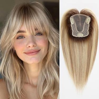 Imagem de starluck Topper de cabelo com base de renda suíça 11,4 cm x 12,7 cm amarrado à mão para mulheres com cabelo humano real, 35,5 cm, com franja SilkHug para mulheres com raízes finas ou cinzas (marrom