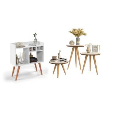 Imagem de Aparador Buffet Bar Com Adega Rubi Branco + Conjunto Mesas Apoio Later