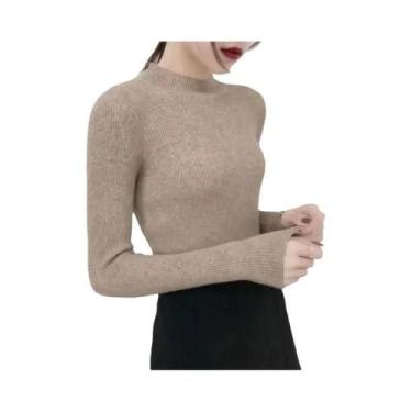 Imagem de Suéter Feminino Cinza Slim Fit De Tricô Com Gola Alta E Listras Casuai