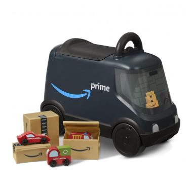 Imagem de Carrinho de empurrar infantil Radio Flyer furgão de entrega Amazon azul com compartimento sob o assento